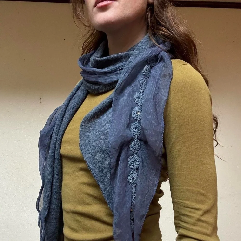 Blue gauzy embroidered scarf